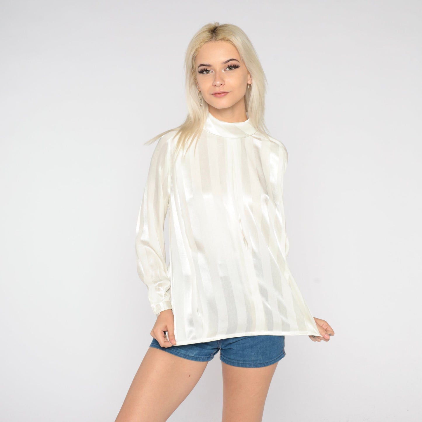 70s White Striped Turtleneck Blouse Long Sleeve Semi Sheer Medium M