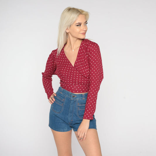 70s Polka Dot Wrap Blouse Burgundy Long Sleeve Crop Top Small