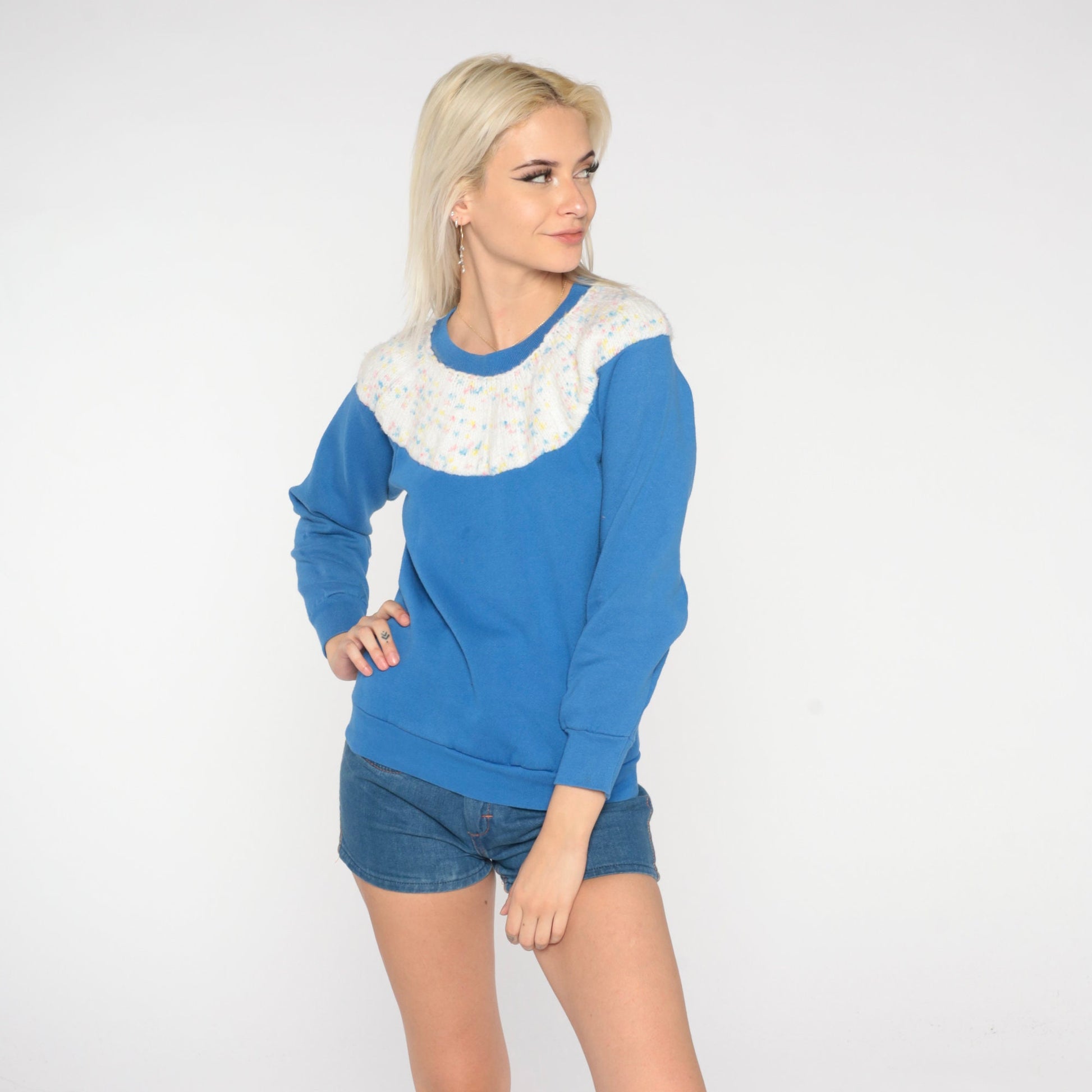 80s Blue Knit Yoke Raglan Sweatshirt Flecked Crewneck Small
