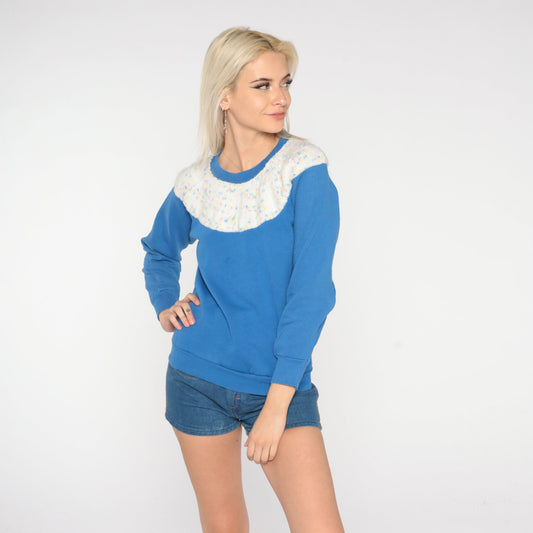 80s Blue Knit Yoke Raglan Sweatshirt Flecked Crewneck Small