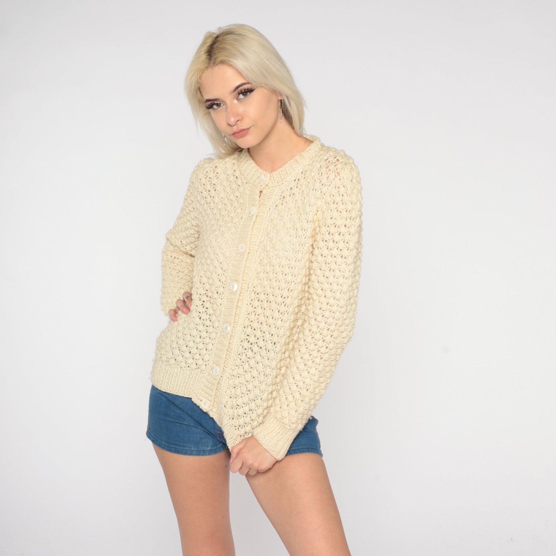 60s Cream Wool Cardigan Button-Up Knit Sweater Small S