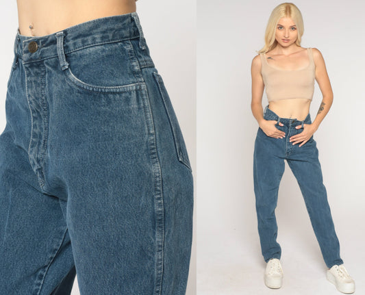 90s High Waist Tapered Jeans Dark Blue Denim Small 27
