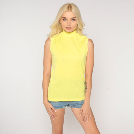 70s Yellow Sleeveless Mock Neck Tank Top Polyester Medium