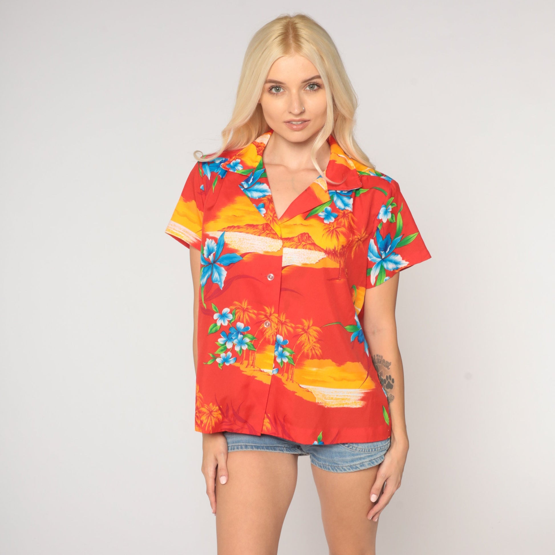 80s Tropical Floral Hawaiian Button-Up Shirt Red Palm Tree Blouse Large L