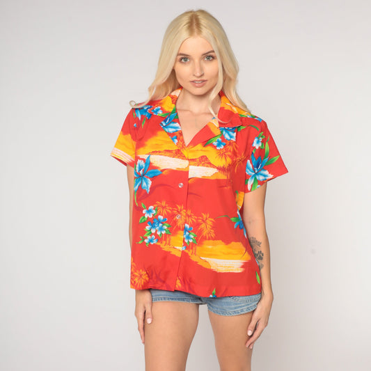 80s Tropical Floral Hawaiian Button-Up Shirt Red Palm Tree Blouse Large L