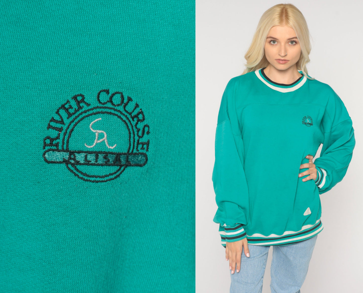 90s River Course Alisal Golf Sweatshirt Teal Striped Ringer Extra Large XXL