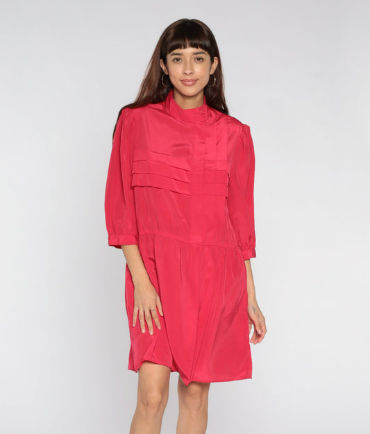 00s Hibiscus Pink Mini Dress Mock Neck Pleated High Waist Large L