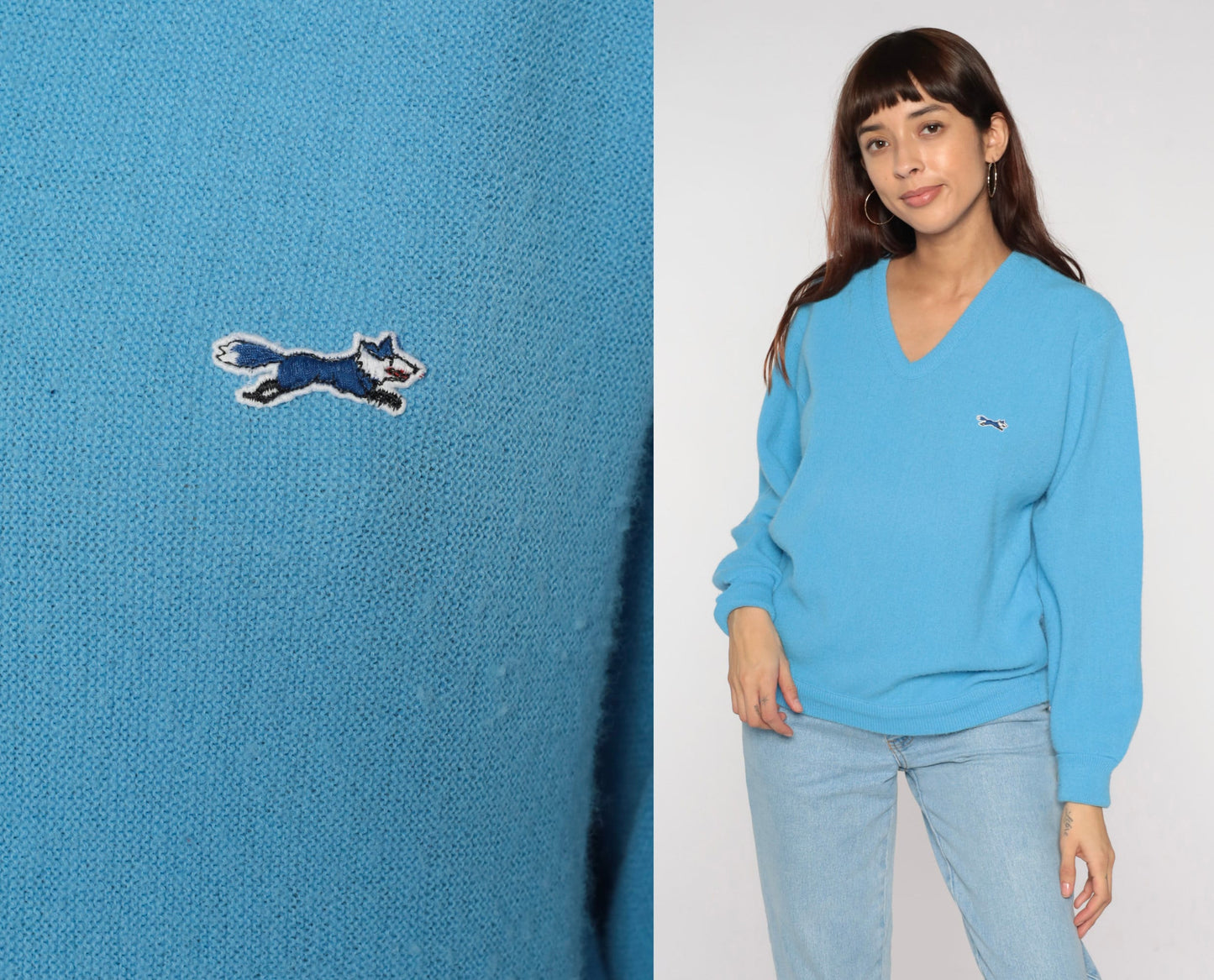 80s Light Blue Fox Emblem V-Neck Pullover Sweater Small S