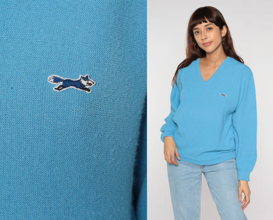 80s Light Blue Fox Emblem V-Neck Pullover Sweater Small S