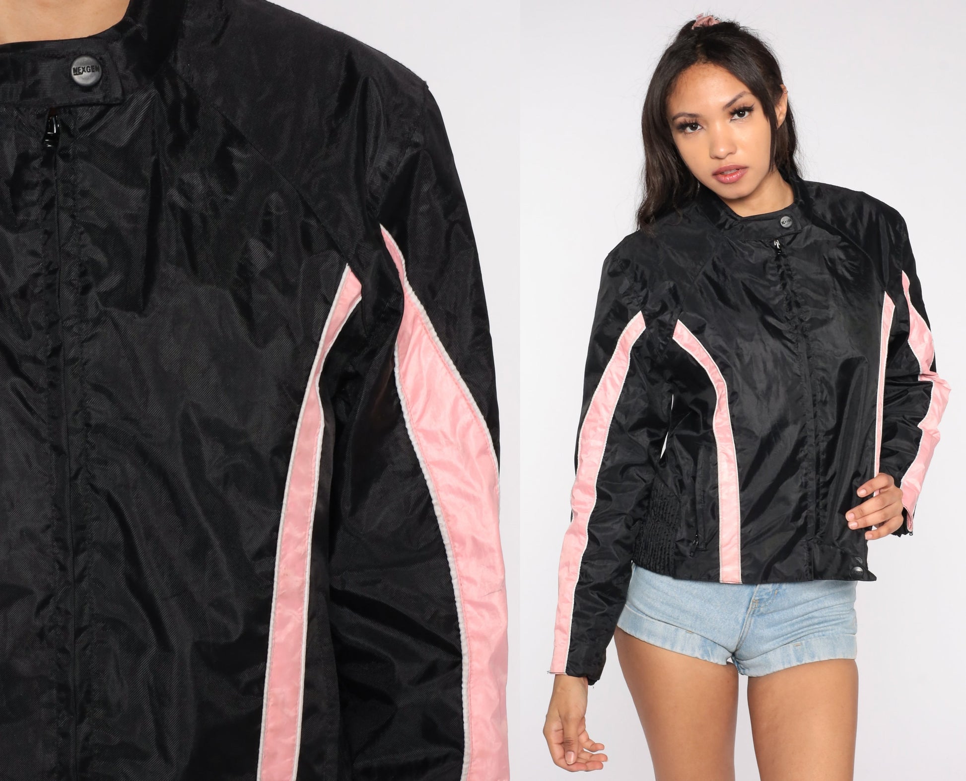 Y2K Black Moto Jacket Pink Stripes Biker Motorcycle Coat Small S