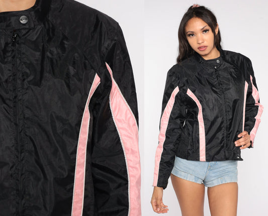 Y2K Black Moto Jacket Pink Stripes Biker Motorcycle Coat Small S