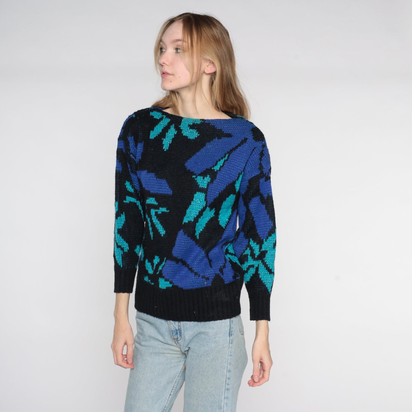 80s St. Michael Metallic Floral Knit Sweater Black Boat Neck Medium