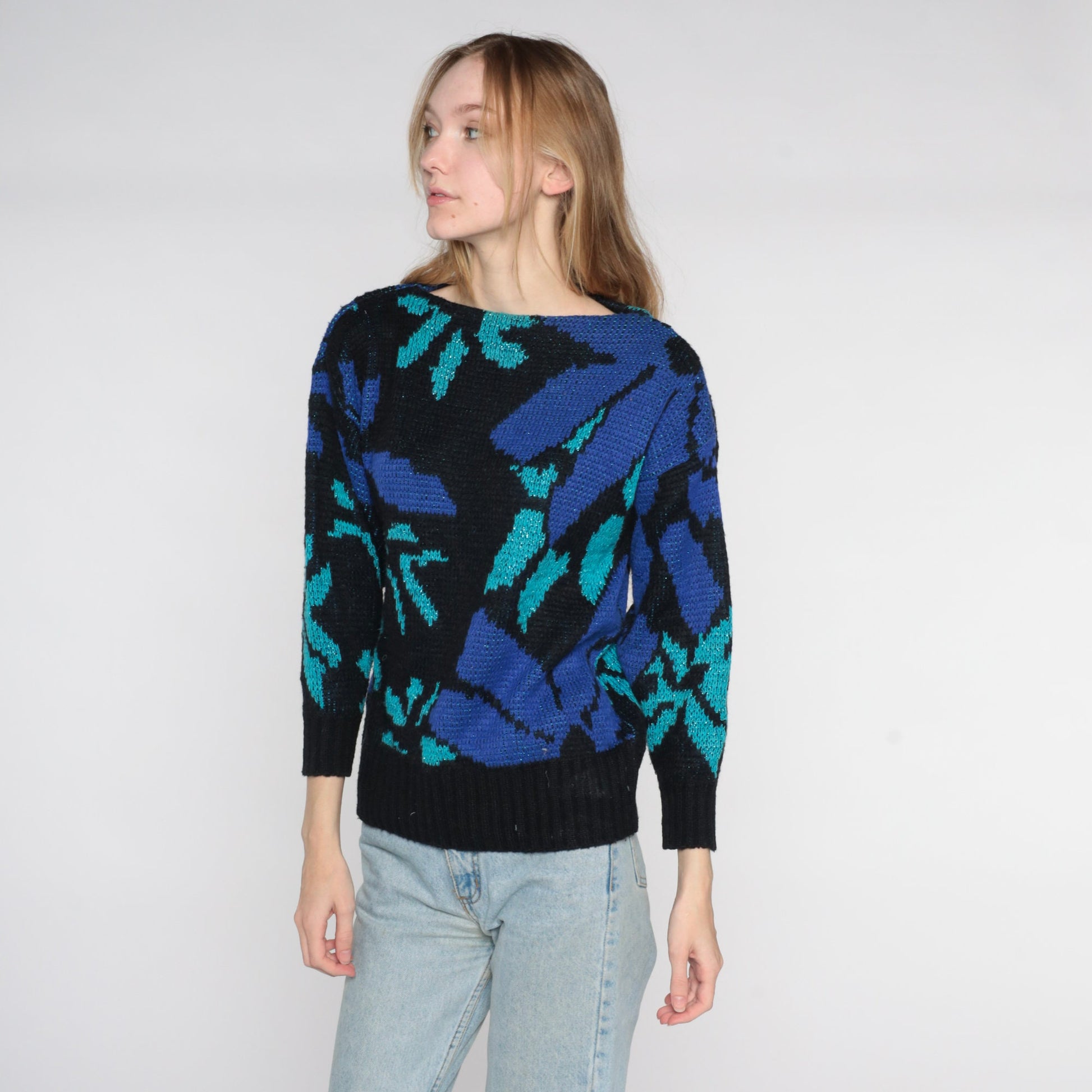 80s St. Michael Metallic Floral Knit Sweater Black Boat Neck Medium