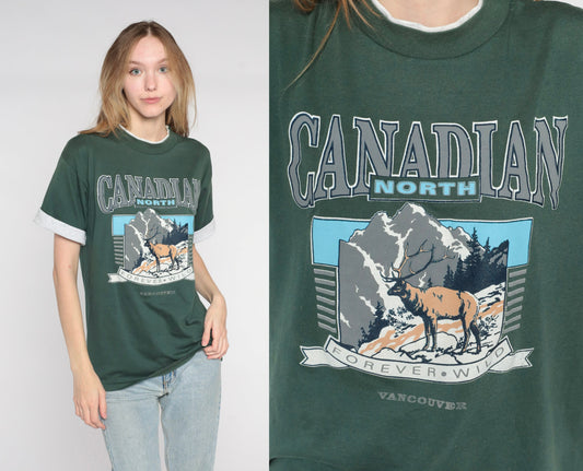 90s Canadian North Vancouver Wildlife Elk Graphic Tee Green Medium