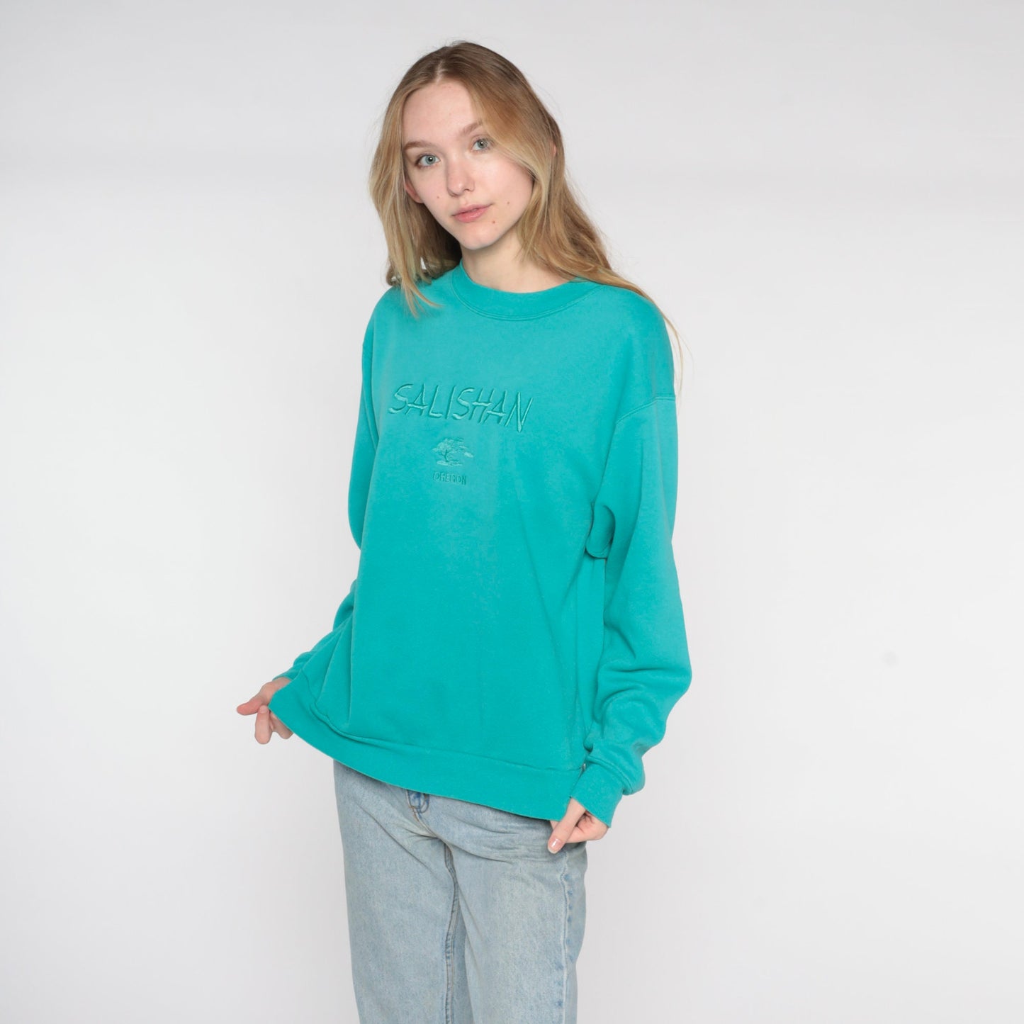 90s Salishan Oregon Gleneden Beach Spa Resort Embroidered Sweatshirt Teal Cotton Medium Large