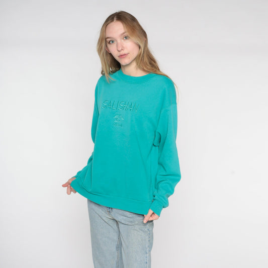 90s Salishan Oregon Gleneden Beach Spa Resort Embroidered Sweatshirt Teal Cotton Medium Large