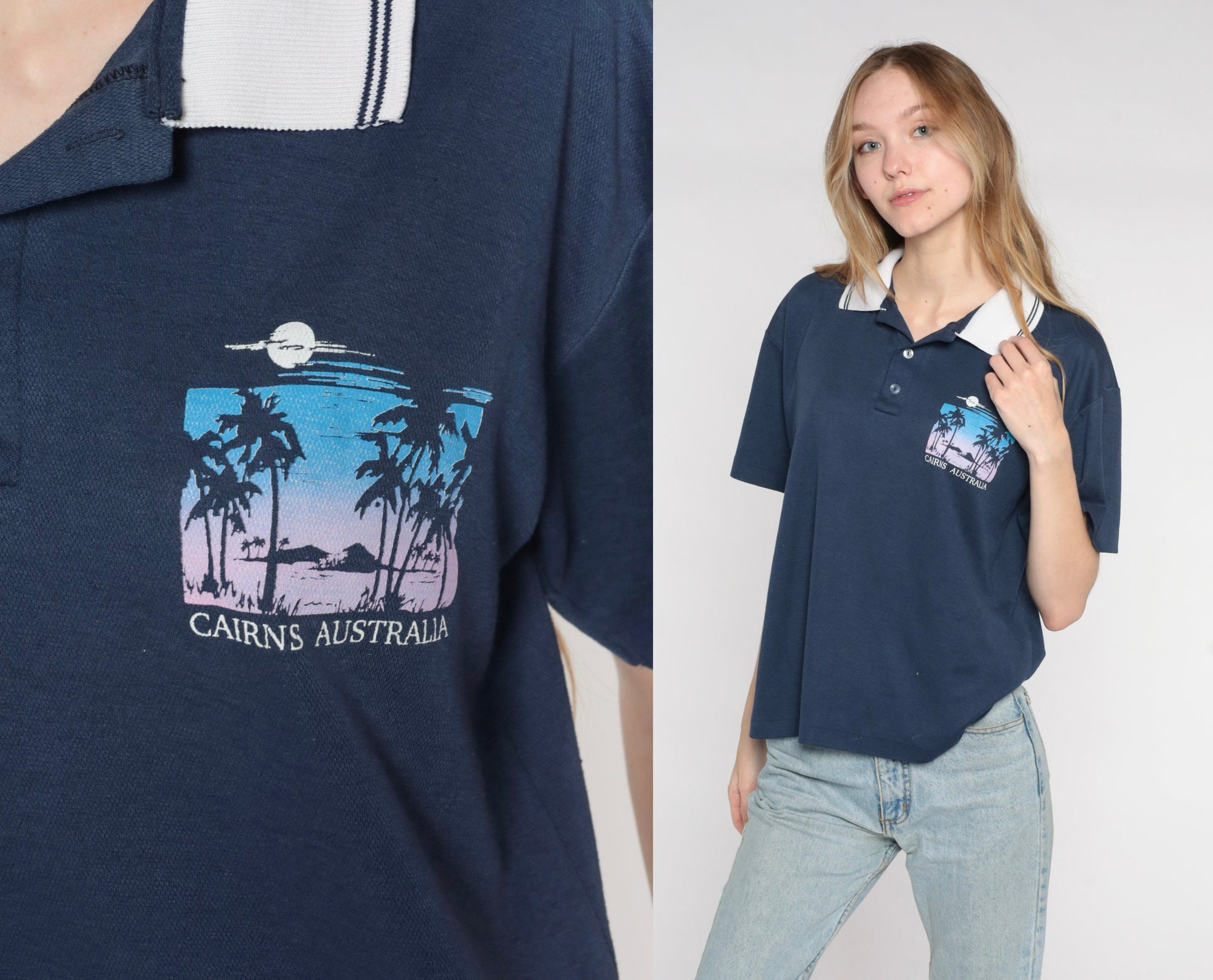 80s Cairns Australia Polo Shirt Navy Blue Graphic Mens Small