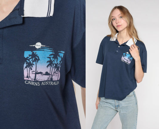 80s Cairns Australia Polo Shirt Navy Blue Graphic Mens Small