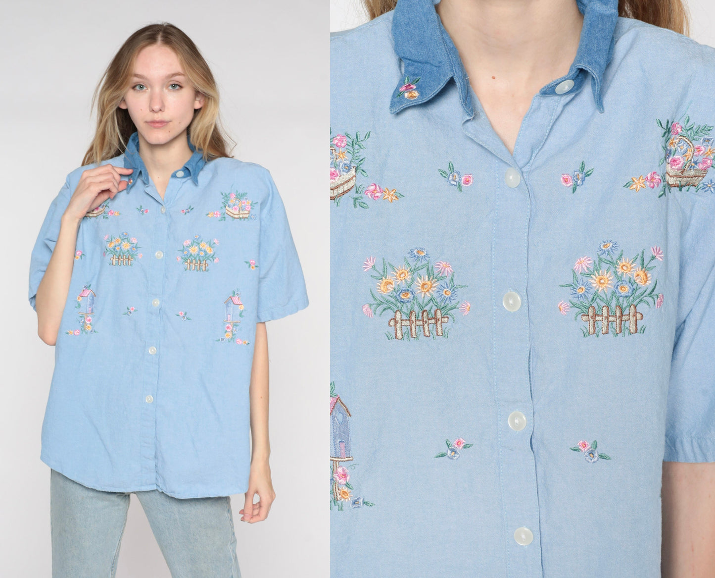 90s Blue Chambray Button Up Shirt Floral Birdhouse Embroidery Extra Large