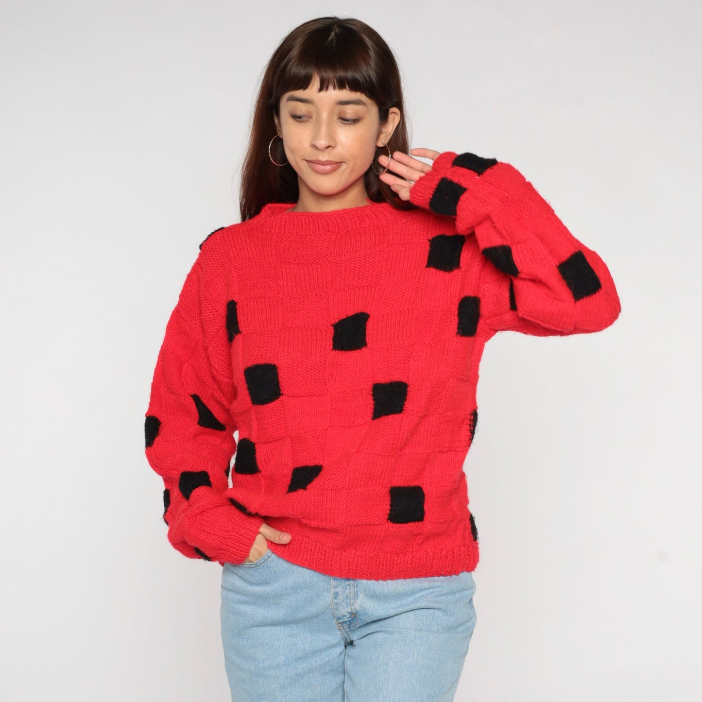 80s Red Black Checkered Knit Sweater Crewneck Pullover Medium Large
