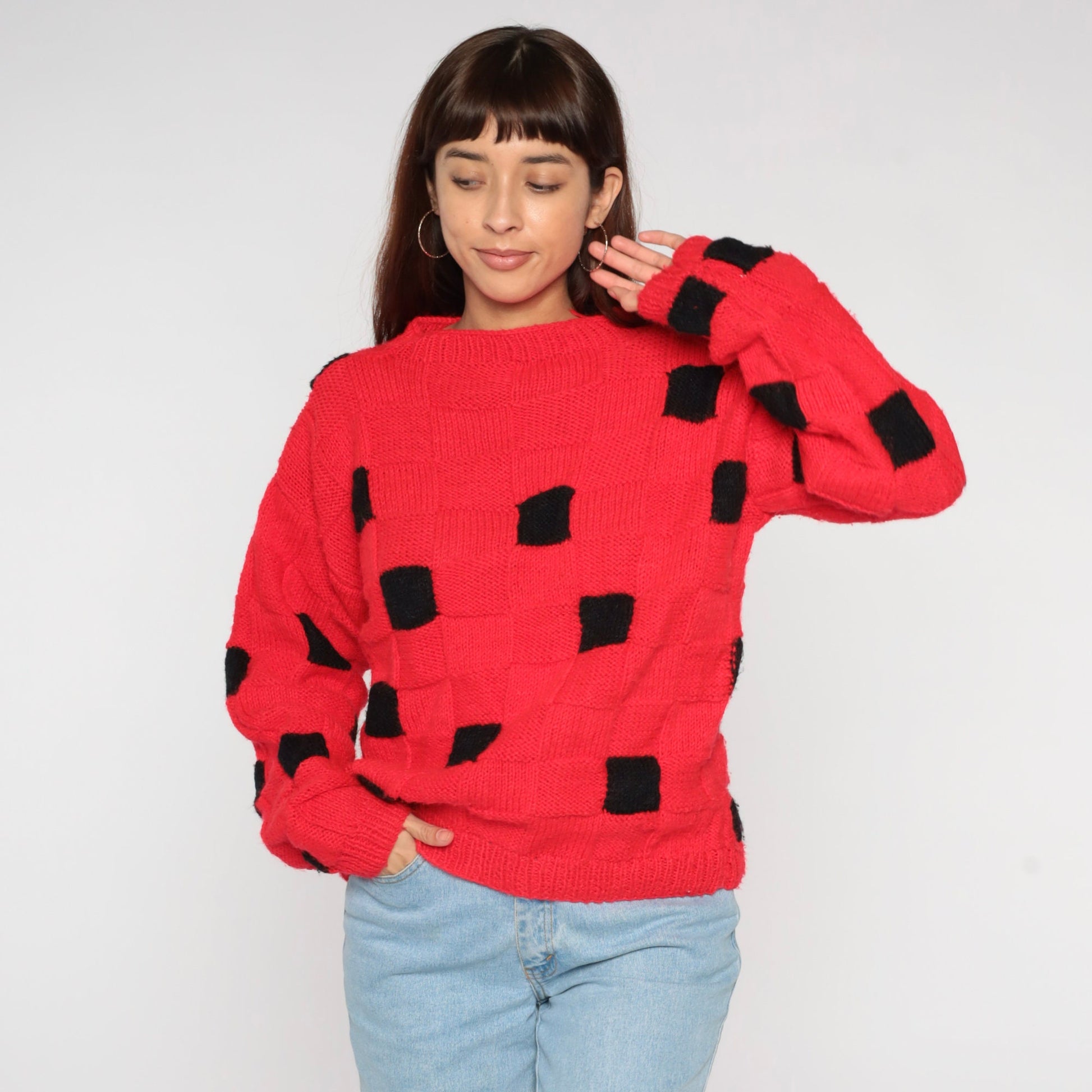 80s Red Black Checkered Knit Sweater Crewneck Pullover Medium Large