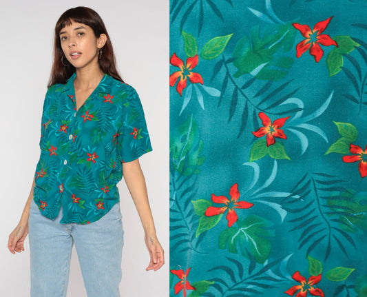 90s Tropical Floral Button-Up Blouse Teal Leaf Print Short Sleeve Small