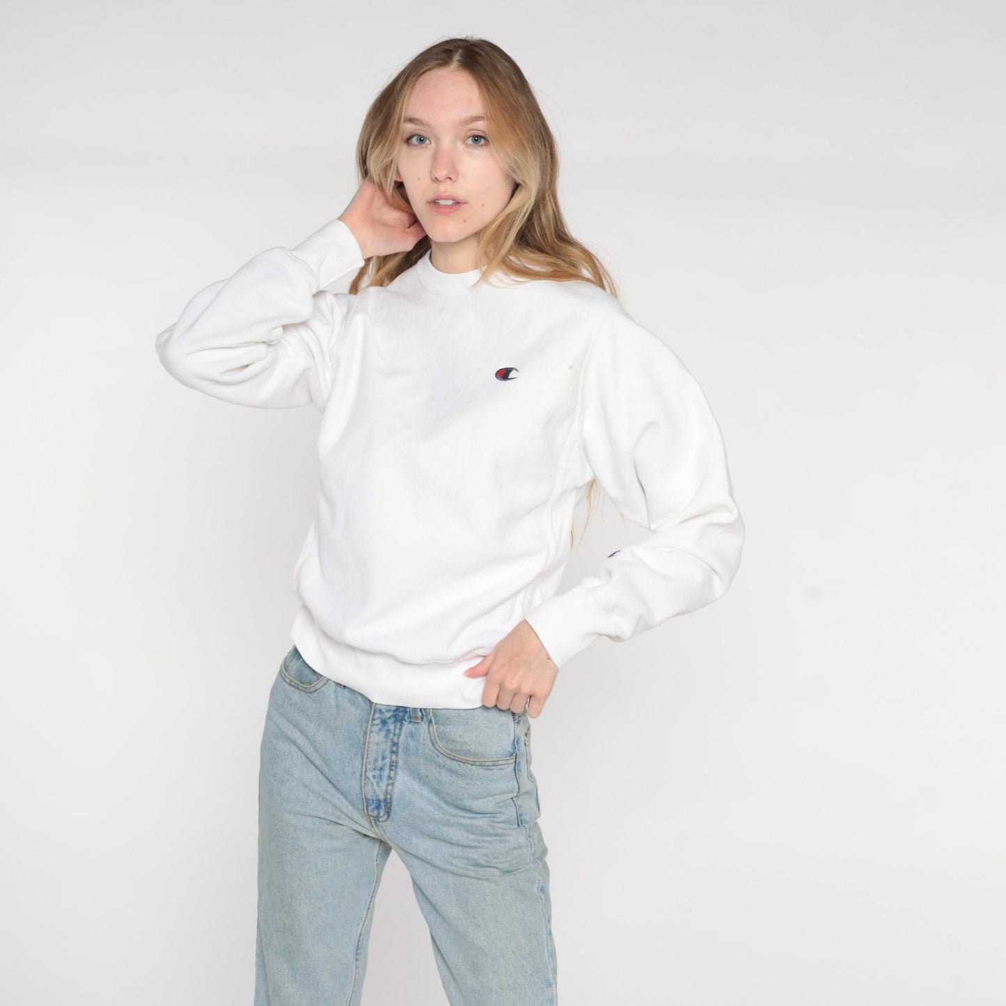 Y2K Champion White Crewneck Sweatshirt Plain Pullover Extra Small XS
