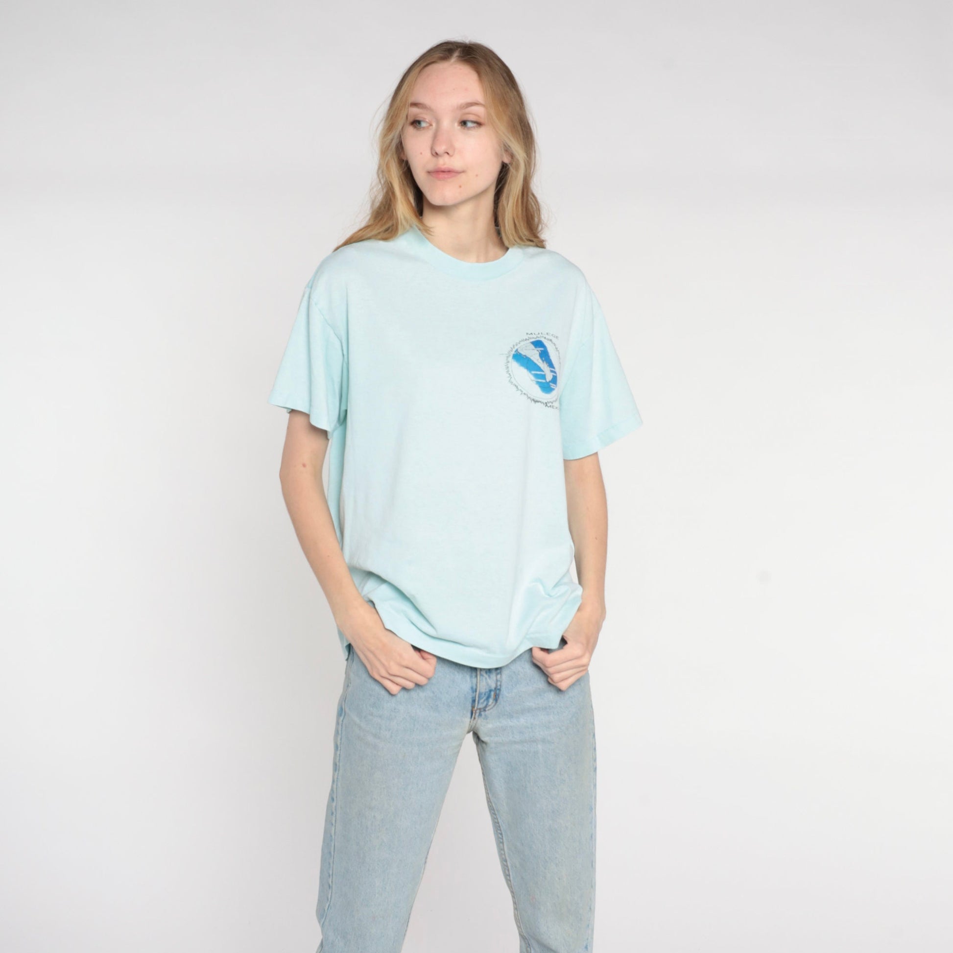 1991 Solar Eclipse Mulege Mexico T-Shirt Light Blue Graphic Tee Large L