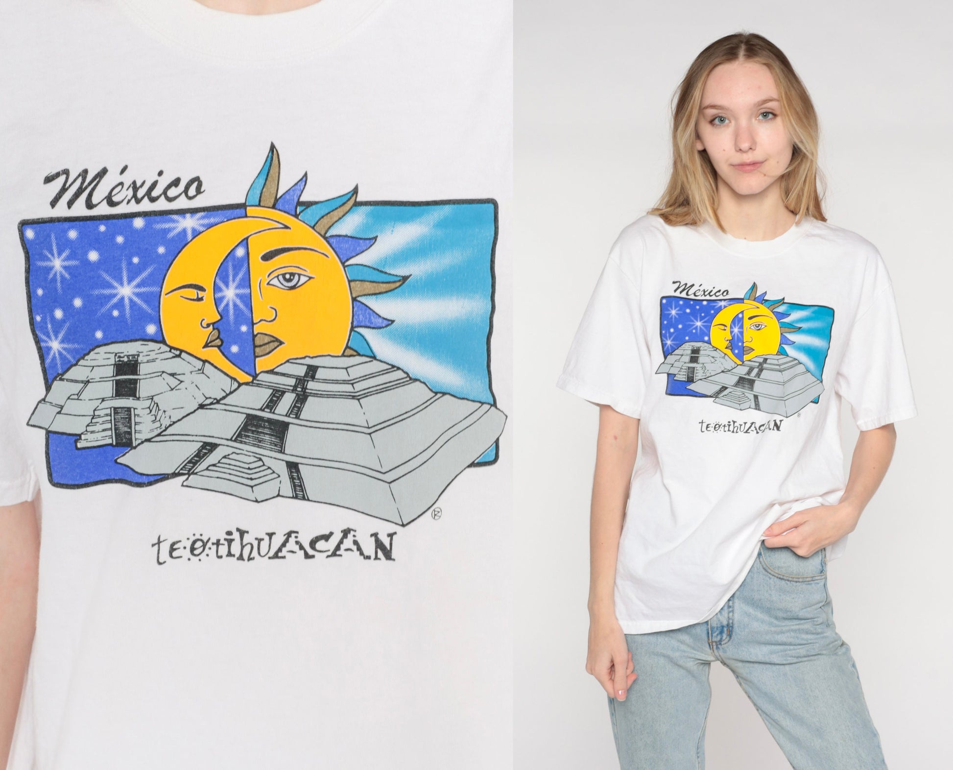 90s Teotihuacán Mexico Graphic T-Shirt Celestial Sun Moon Cosmic Tee Medium