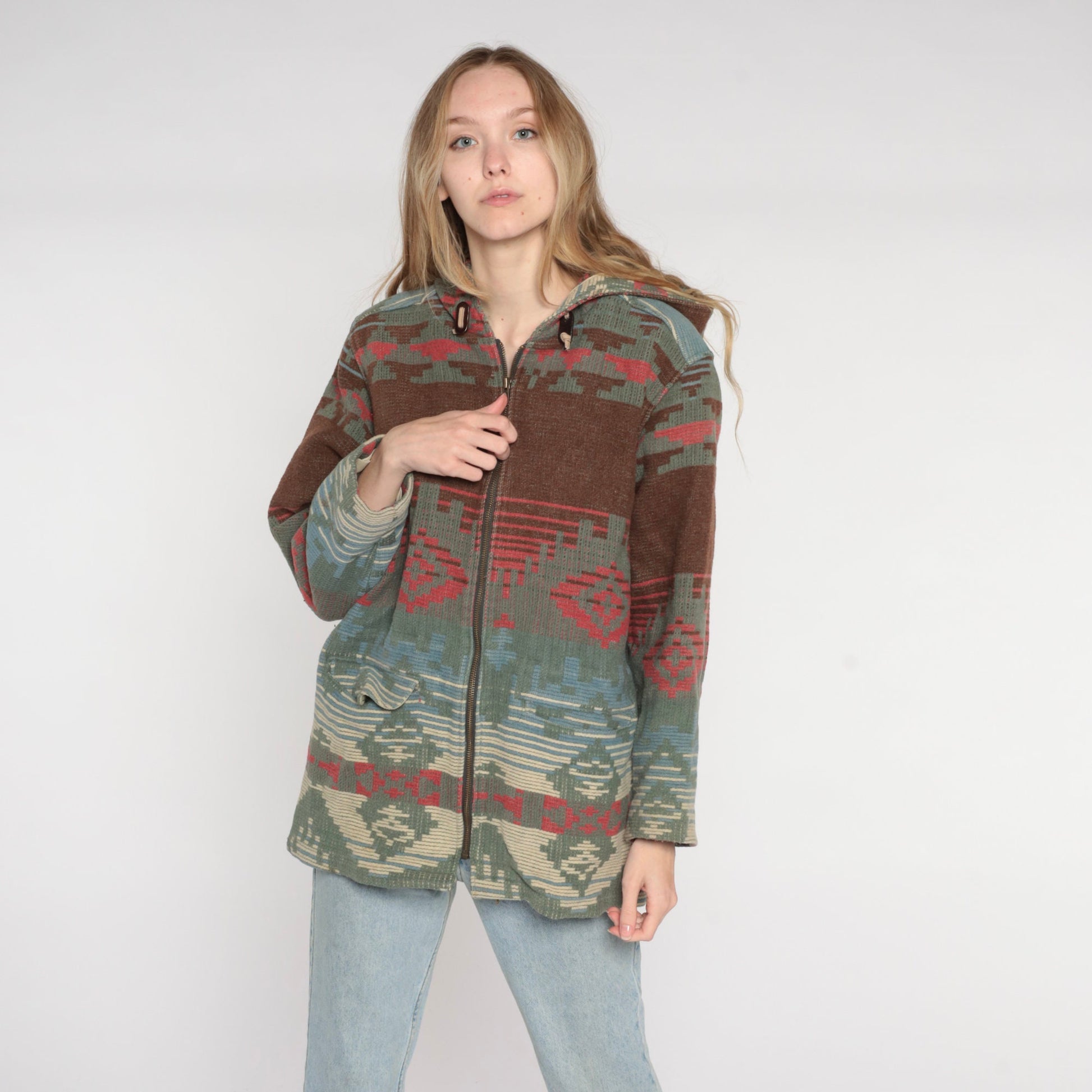 90s Woolrich Southwestern Wool Blend Hooded Jacket Brown Blue Medium