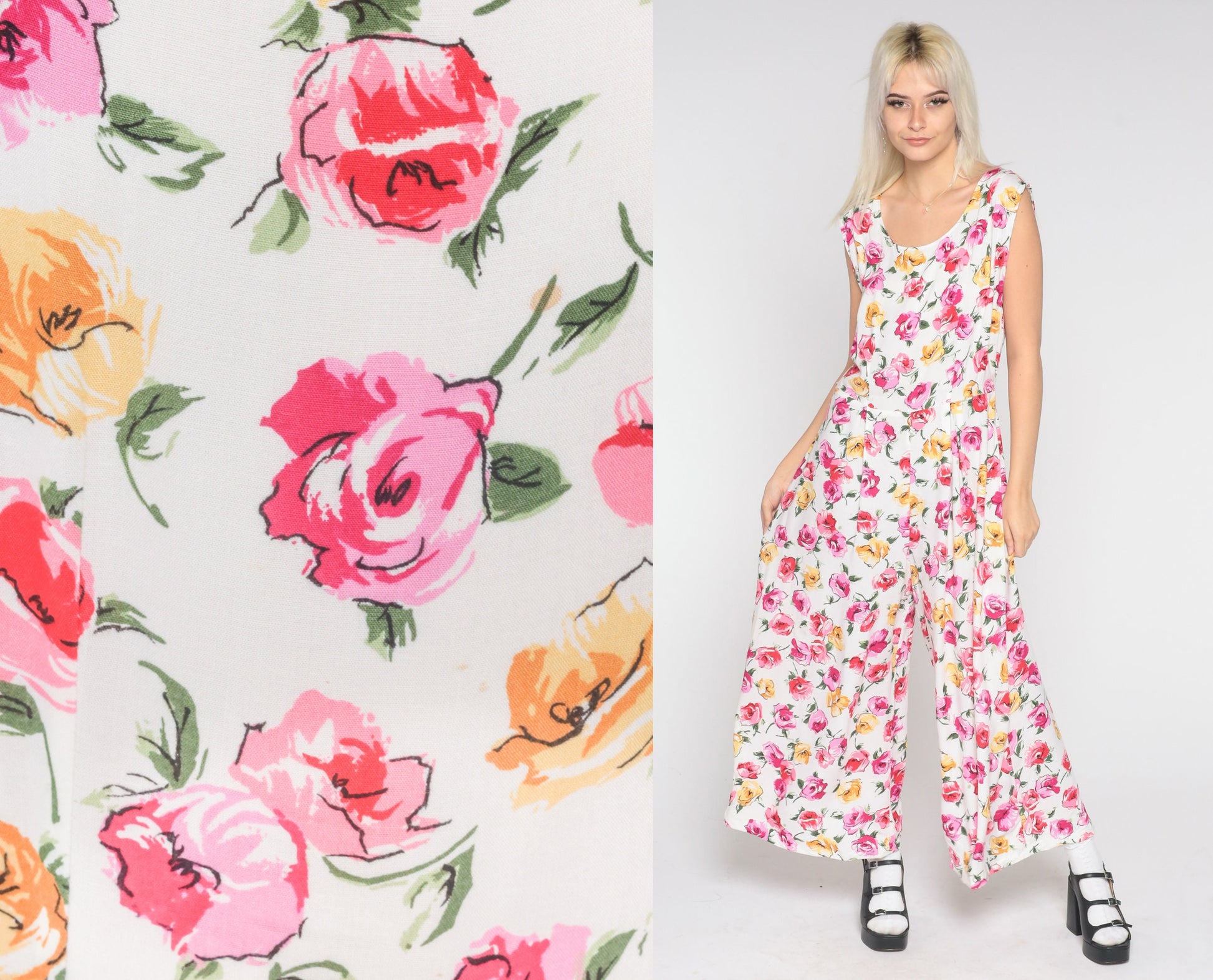 90s Floral Jumpsuit White Pink Wide Leg Sleeveless One Piece Large L