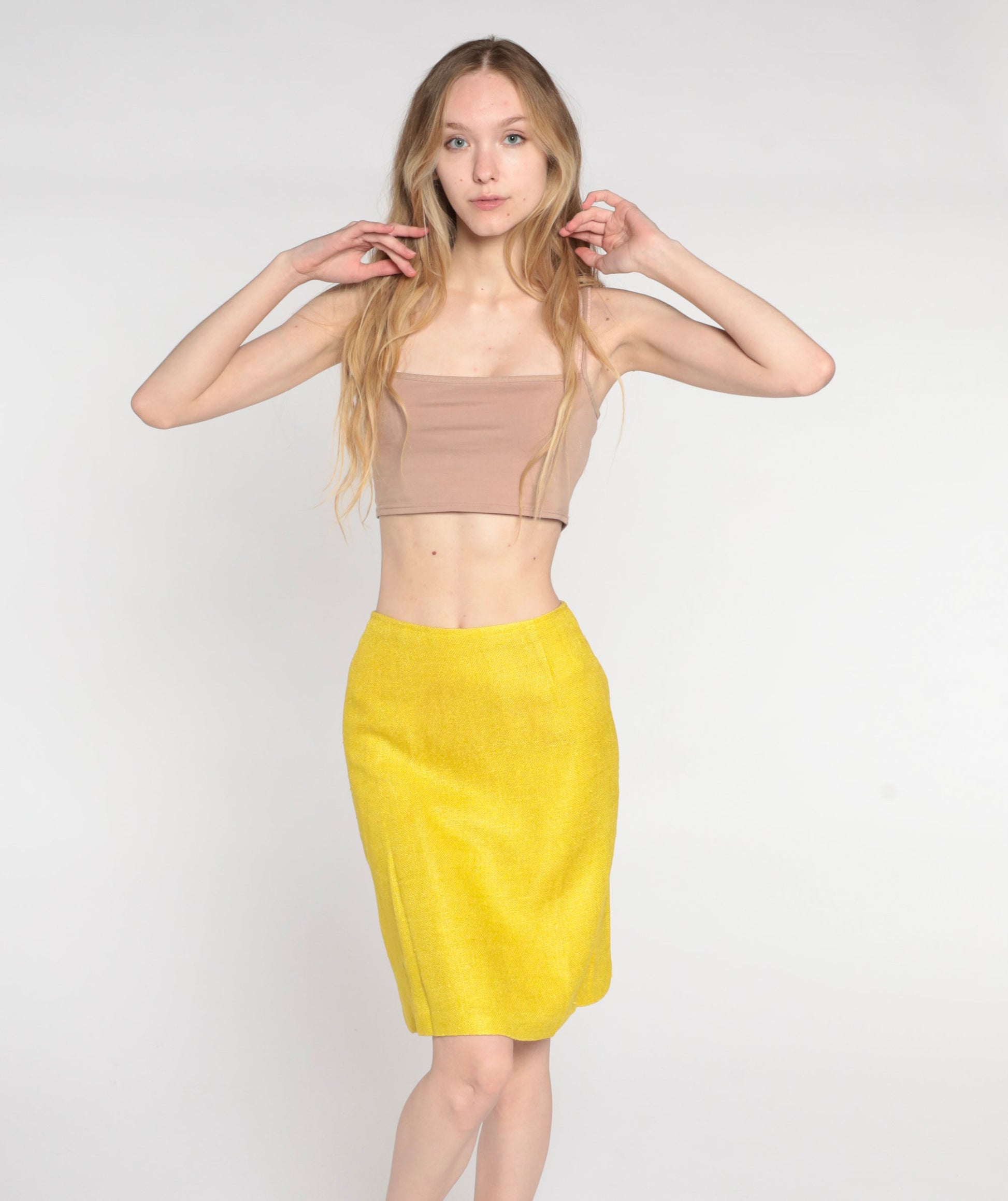 60s Yellow Tweed Pencil Skirt High Waist Mini Back Zip Extra Small XS