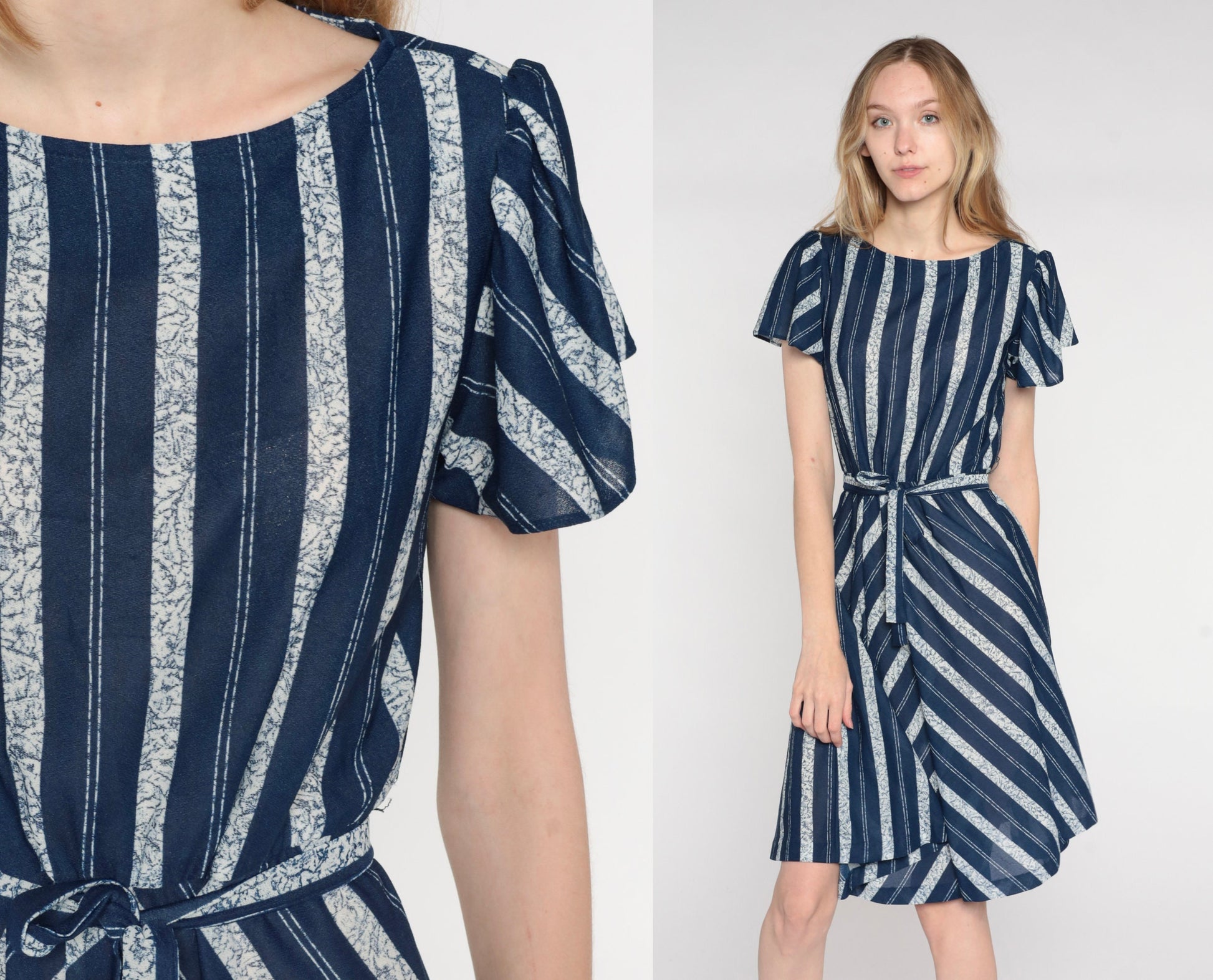 70s Navy Striped Dress High Waist Flutter Sleeve Belted Knee Length Medium