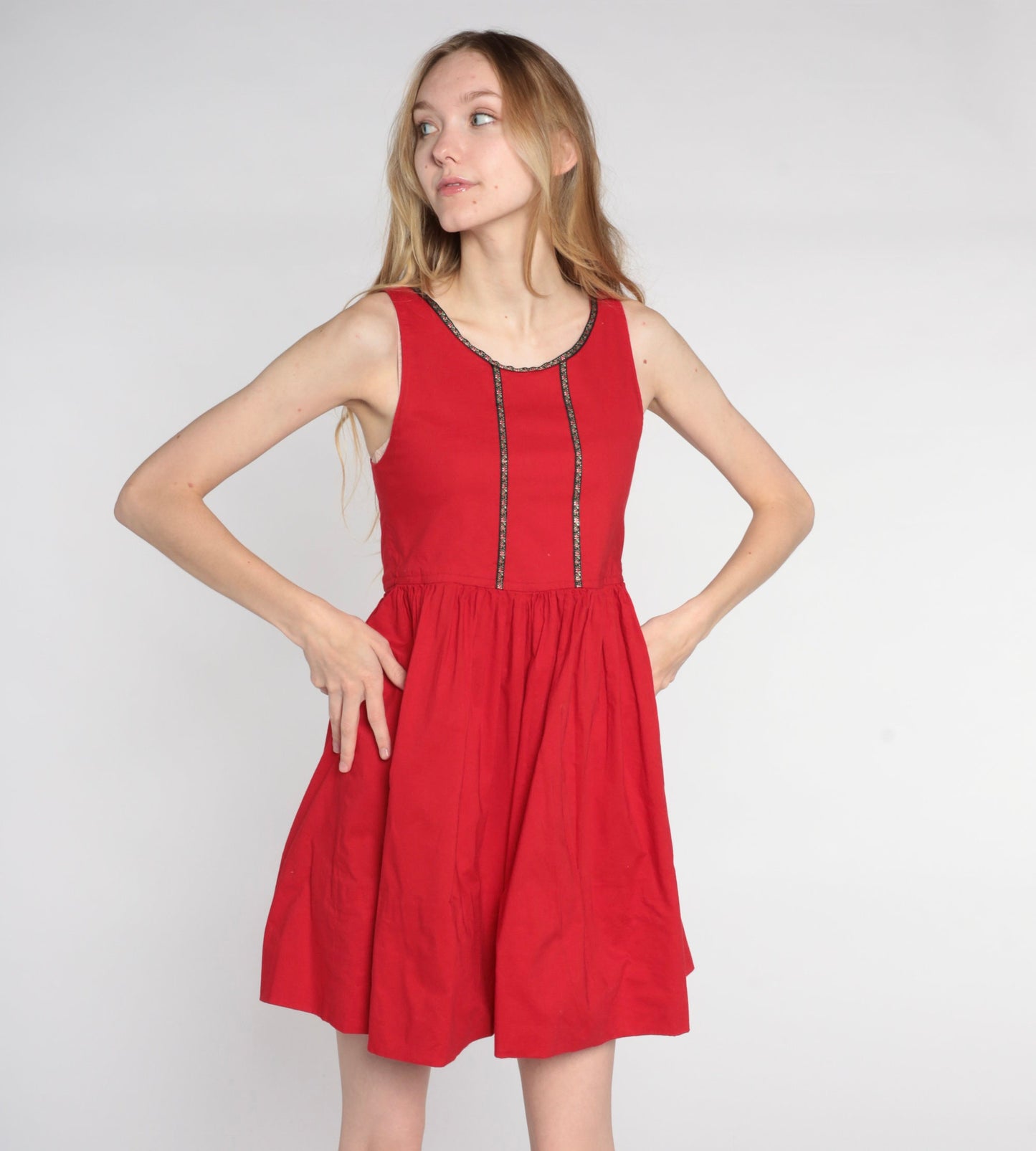 60s Red Mini Dirndl Dress High Waist Full Skirt Floral Trim Extra Small