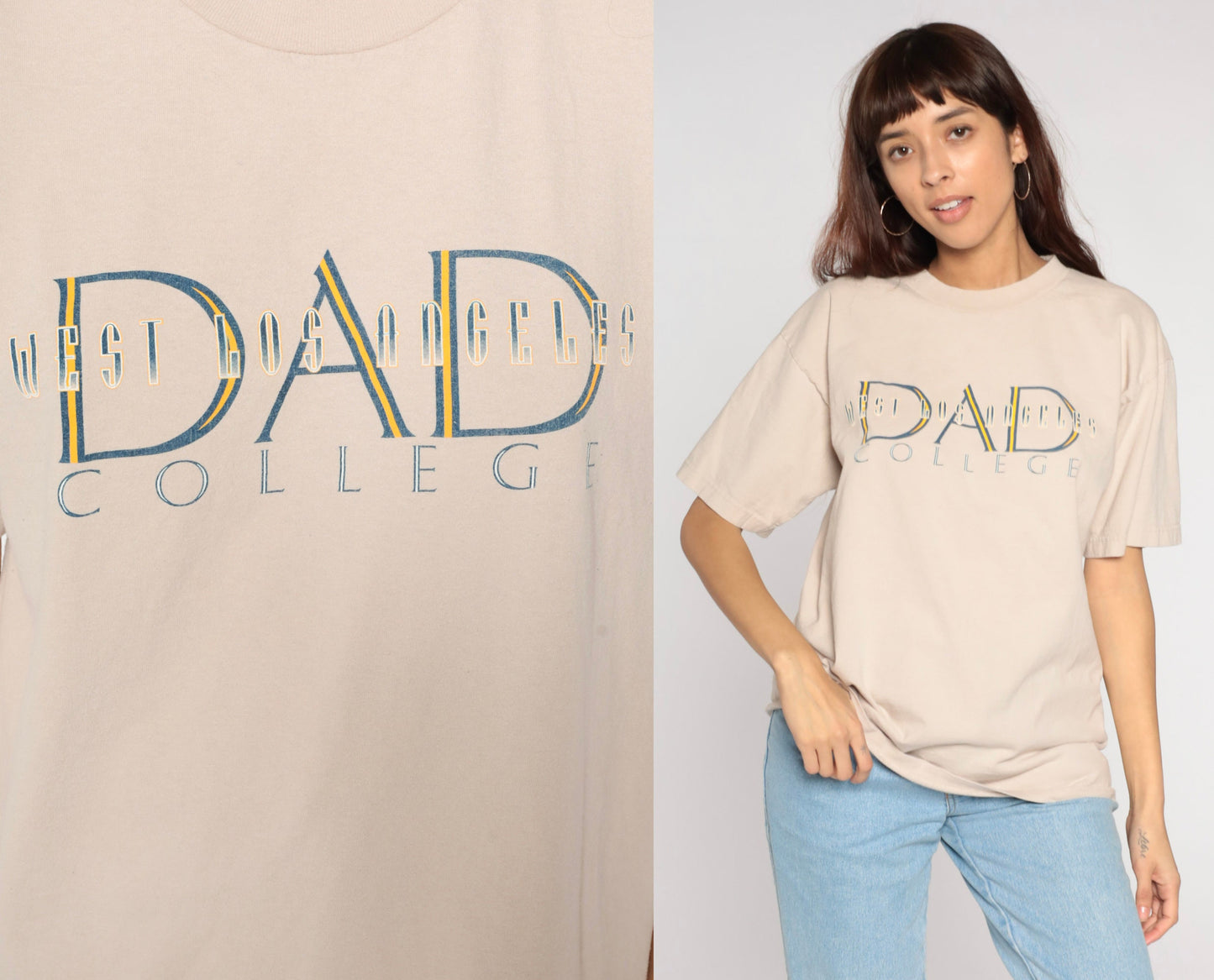 Y2K West LA College Dad Graphic Tee Tan Cotton Large