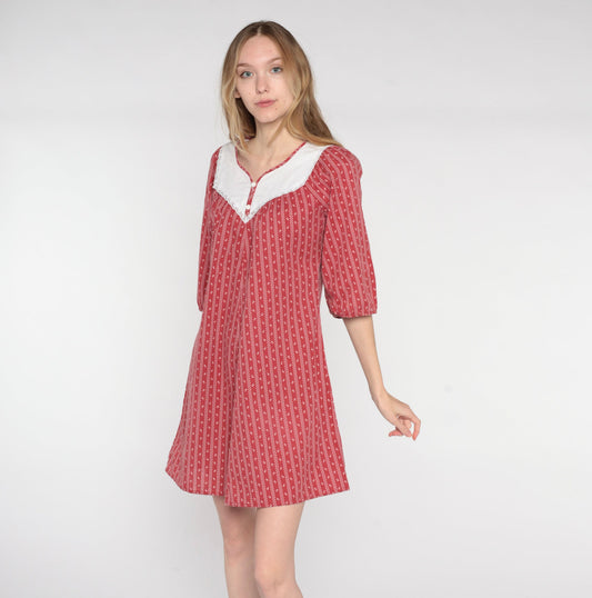 70s Red Floral Striped Mini Dress Lace Bib Peasant Short Sleeve Small