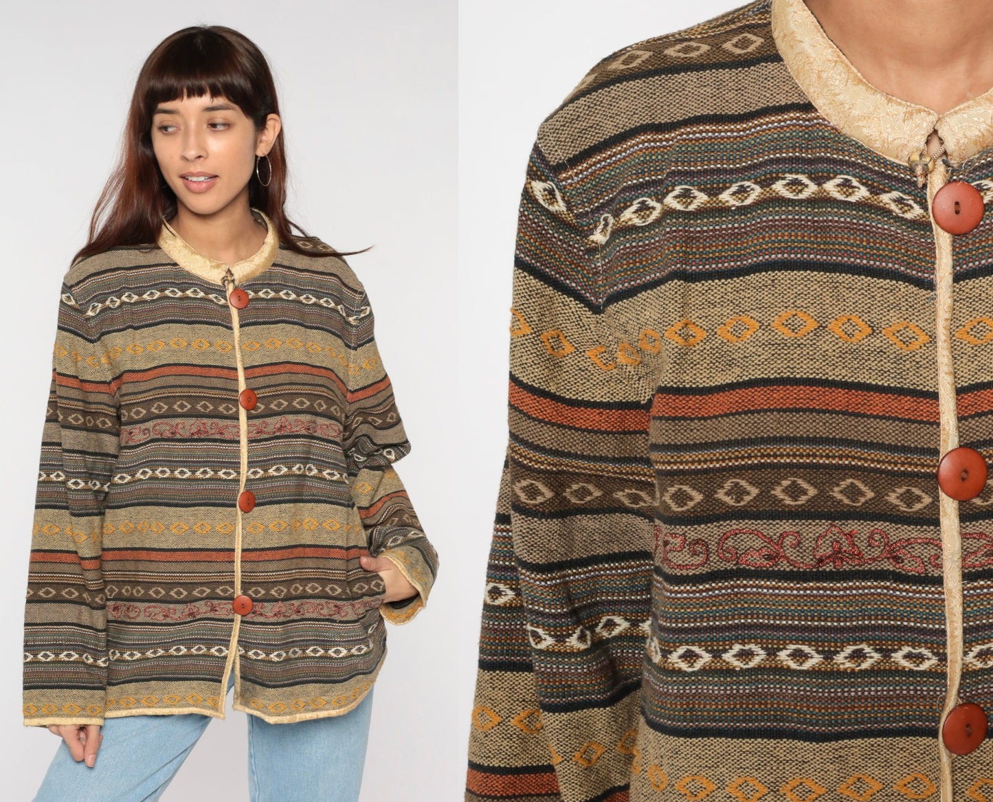 Y2K Striped Tapestry Button Jacket Floral Collar Cotton Neutral Extra Large XXL