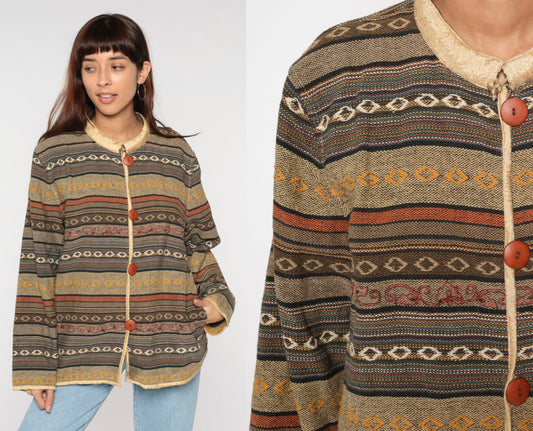 Y2K Striped Tapestry Button Jacket Floral Collar Cotton Neutral Extra Large XXL