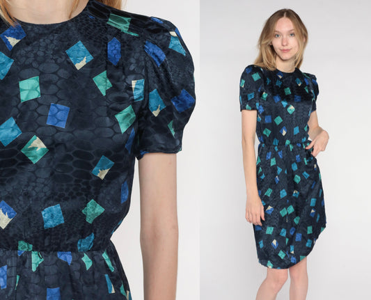 80s Navy Silk Puff Sleeve Dress Embossed Geometric Print High Waisted XS