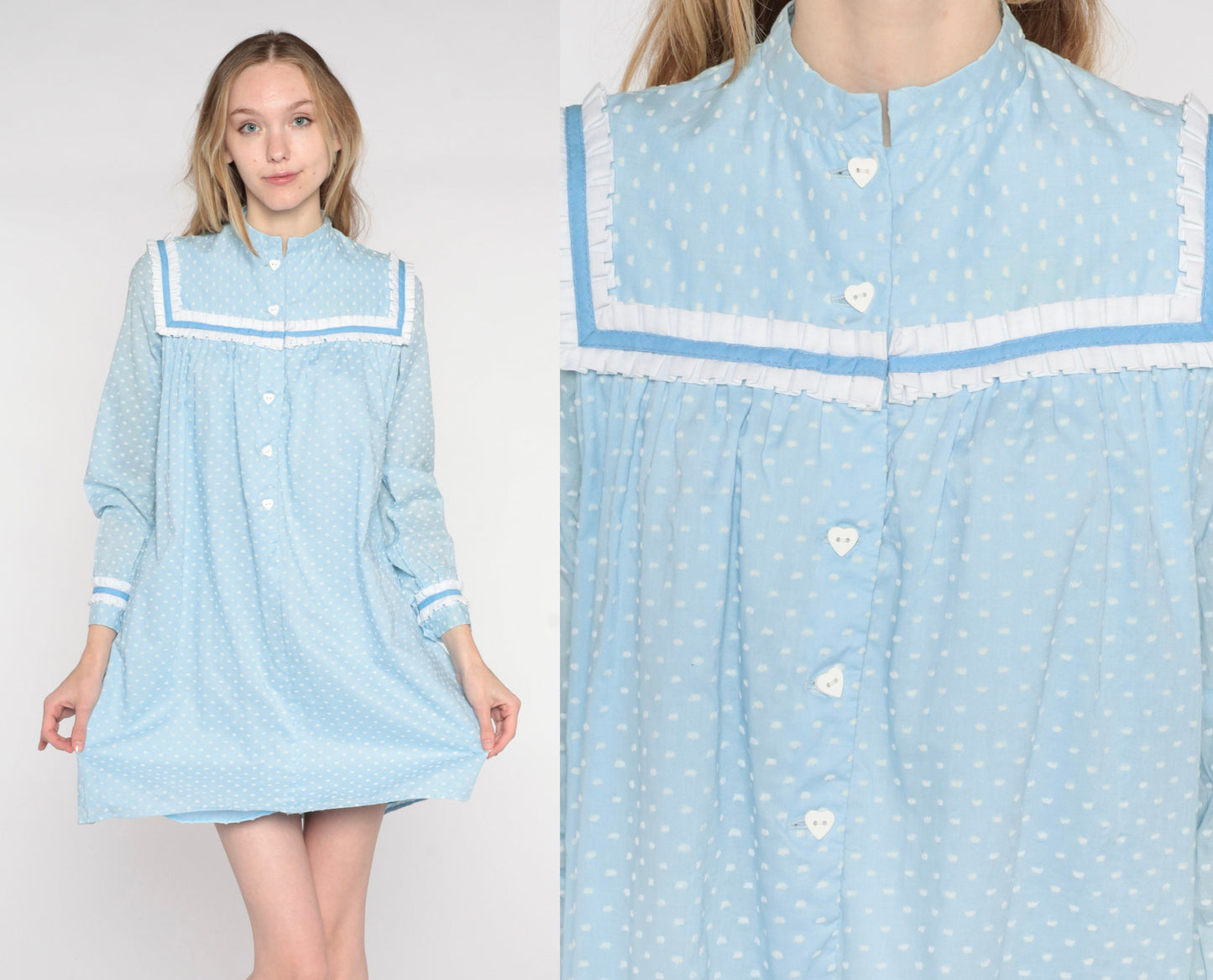 70s Baby Blue Polka Dot Mini Dress Heart Buttons Ruffled Bib Long Sleeve Small Medium