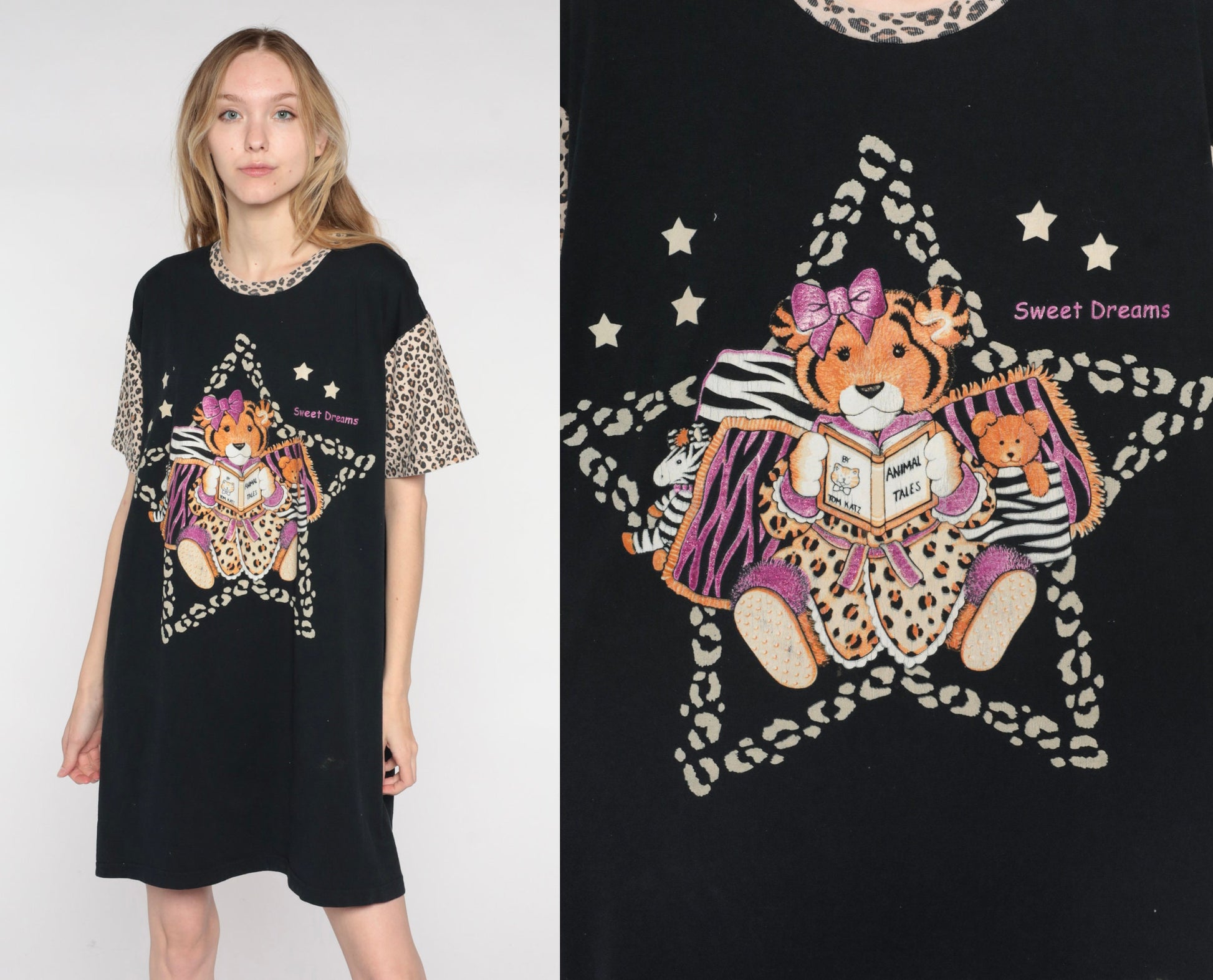 90s Baby Tiger Sweet Dreams T-Shirt Dress Black Leopard Print Mini Nightgown