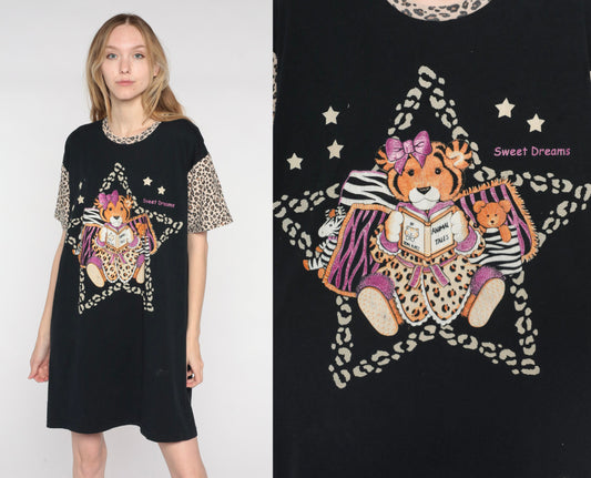 90s Baby Tiger Sweet Dreams T-Shirt Dress Black Leopard Print Mini Nightgown