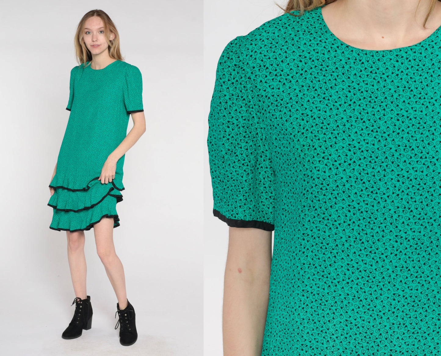 80s Green Floral Mini Shift Dress Ruffled Skirt Short Sleeve Medium 8