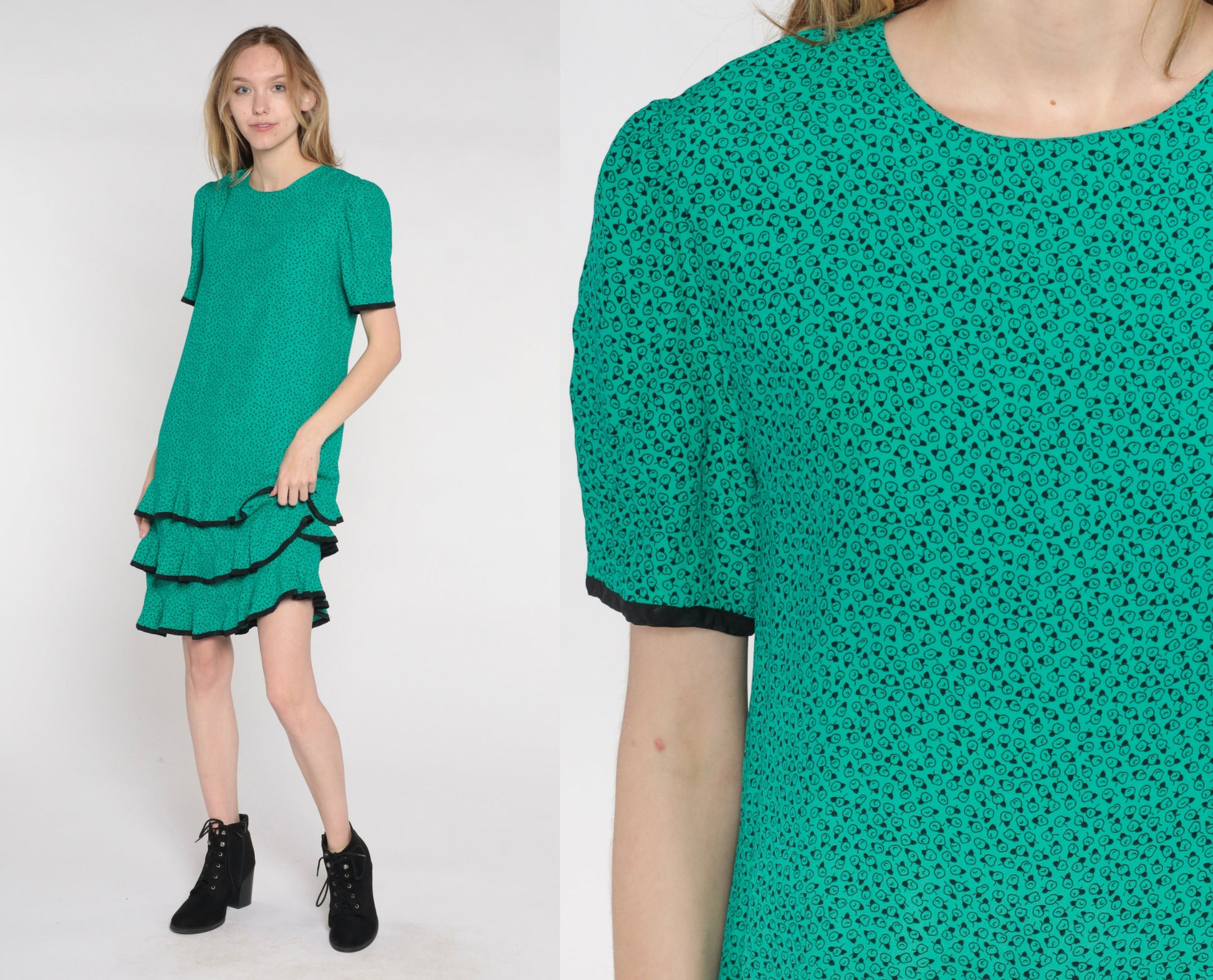 80s Green Floral Mini Shift Dress Ruffled Skirt Short Sleeve Medium 8