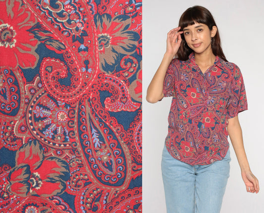 90s Paisley Floral Button Up Blouse Red Blue Short Sleeve Small