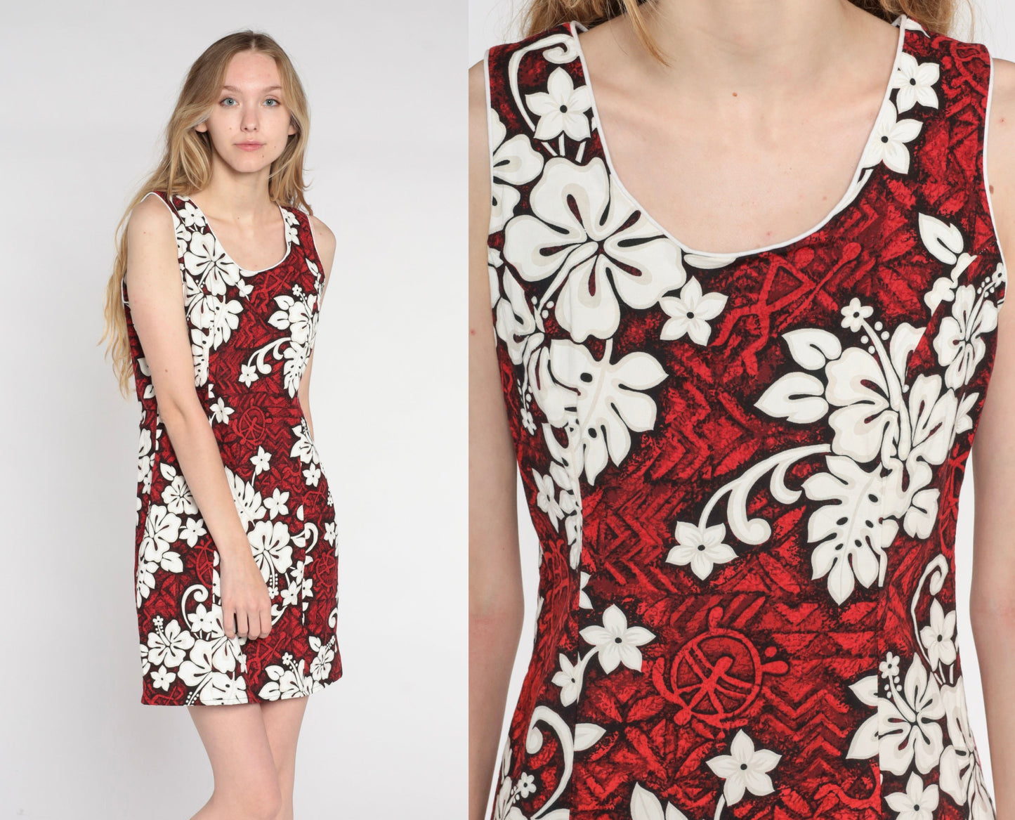 90s Hawaiian Floral Turtle Print Mini Dress Red Cotton Sleeveless Medium