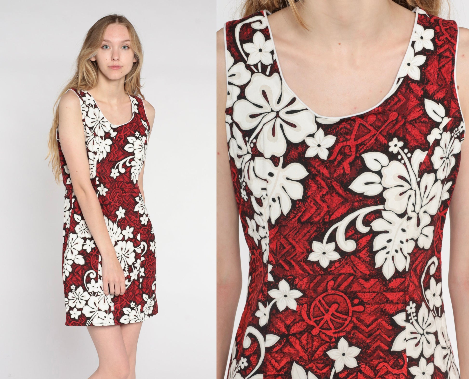 90s Hawaiian Floral Turtle Print Mini Dress Red Cotton Sleeveless Medium