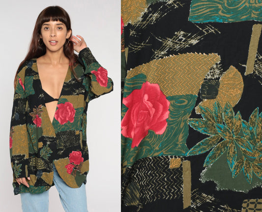 90s Patchwork Floral Rayon Jacket Deep V Button Front Rose Print Large