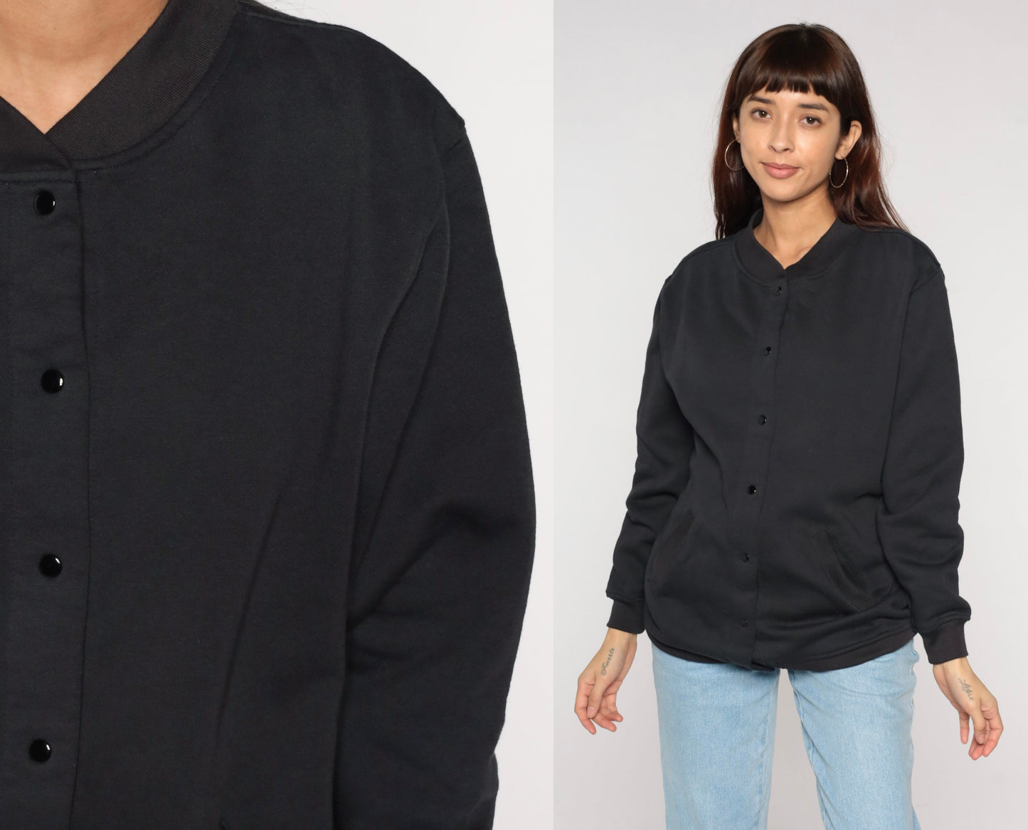 00s Black Snap-Up Sweatshirt Jacket Plain Crewneck Medium M
