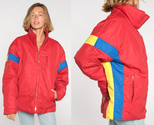 80s Roffe Goose Down Ski Jacket Red Striped Puffer Zip Coat Men's Large